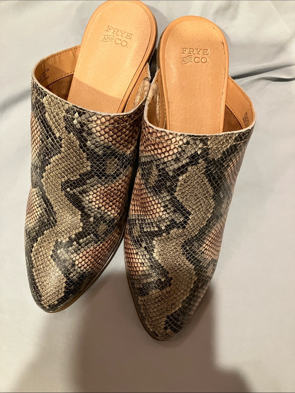 Frye Snake-Print Slip-On Mules in Brown and Black